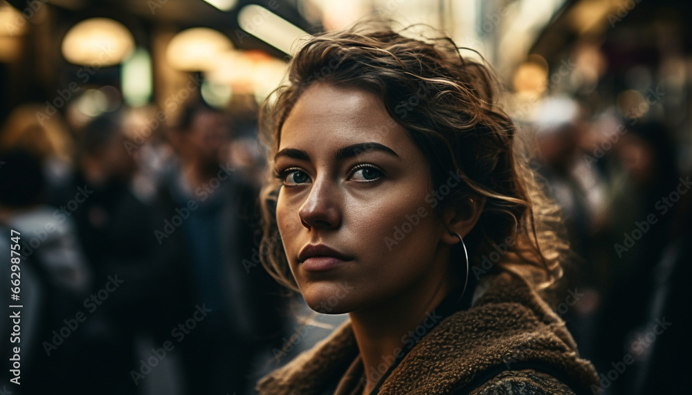 Young adult woman, outdoors in city, looking at camera smiling generated by AI Young adult woman, outdoors in city, looking at camera smiling generated by AI