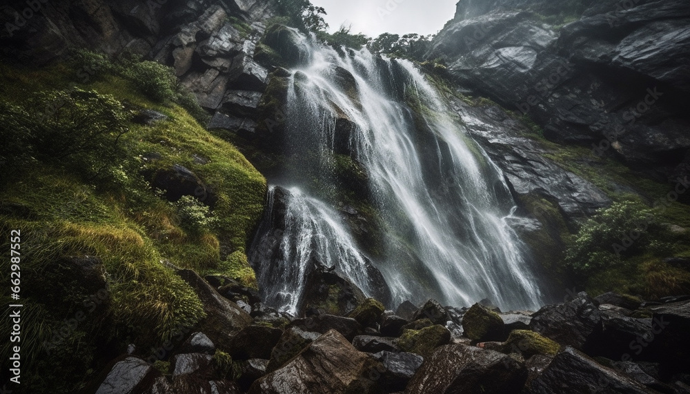 Fototapeta premium Tranquil scene of majestic mountain range in remote wilderness area generated by AI