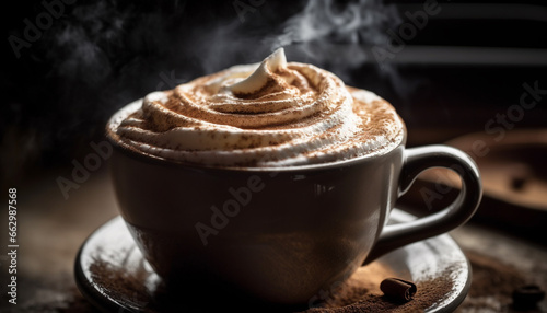 Whipped cream tops hot mocha in rustic coffee shop generated by AI