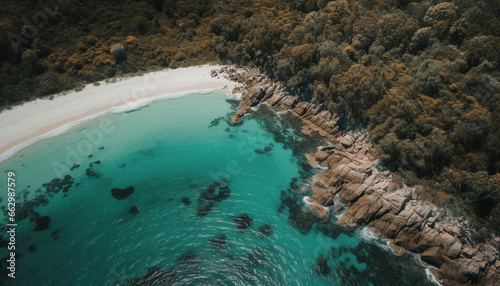 Transparent waves crash on idyllic tropical coastline, drone captures beauty generated by AI