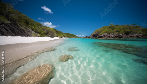 Turquoise waves crash on tranquil Caribbean coastline, a tropical paradise generated by AI