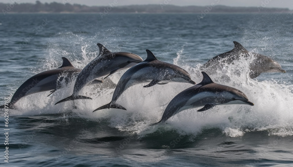 Fototapeta premium Playful bottle nosed dolphin jumping in the blue sea water generated by AI