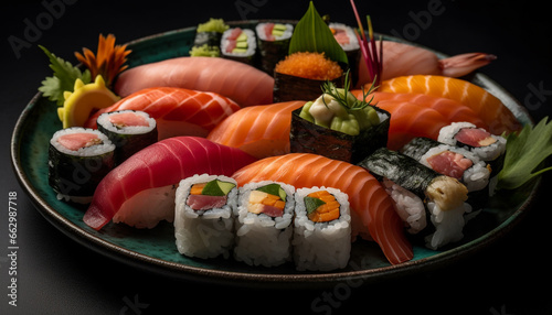 Gourmet seafood meal with fresh fish, maki sushi, and sashimi Japanese culture on plate generated by AI