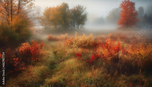 Vibrant autumn landscape: foggy forest, yellow leaves, and blue sky generated by AI