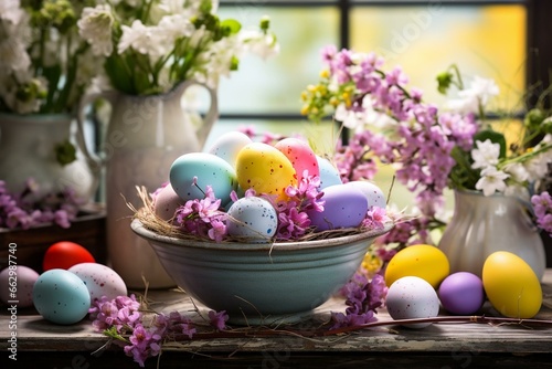 Colorful Easter display with spring flowers and eggs. Generative AI