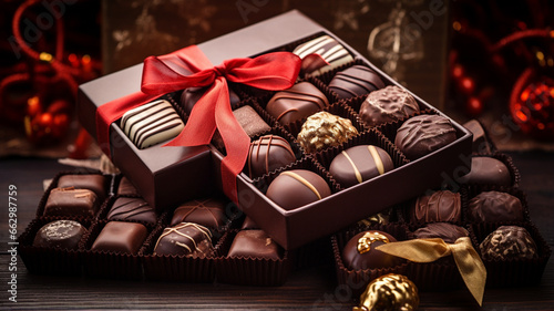 box with christmas chocolate candies, on wooden table