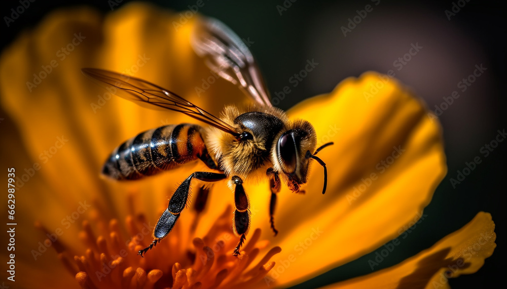 Busy honey bee collecting pollen from yellow flower in nature generated by AI