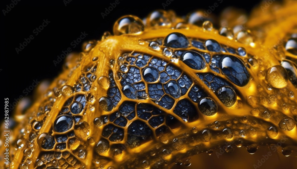 Vibrant yellow dew drops on green leaf, refreshing nature beauty generated by AI Vibrant yellow dew drops on green leaf, refreshing nature beauty generated by AI