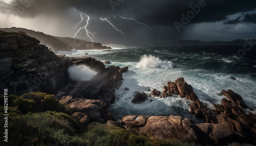 Majestic storm cloud breaking over dramatic coastline at dusk generated by AI