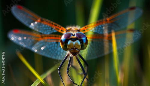 Vibrant dragonfly rests on wet leaf, showcasing natural beauty generated by AI