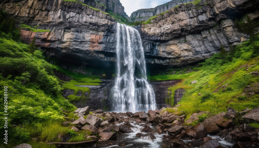 Tranquil scene of majestic mountain range with flowing water and greenery generated by AI Tranquil scene of majestic mountain range with flowing water and greenery generated by AI