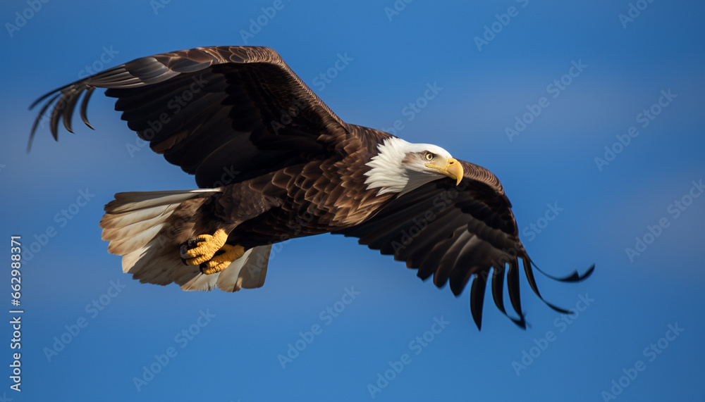 Naklejka premium Majestic bald eagle flying mid air with spread wings and talons generated by AI