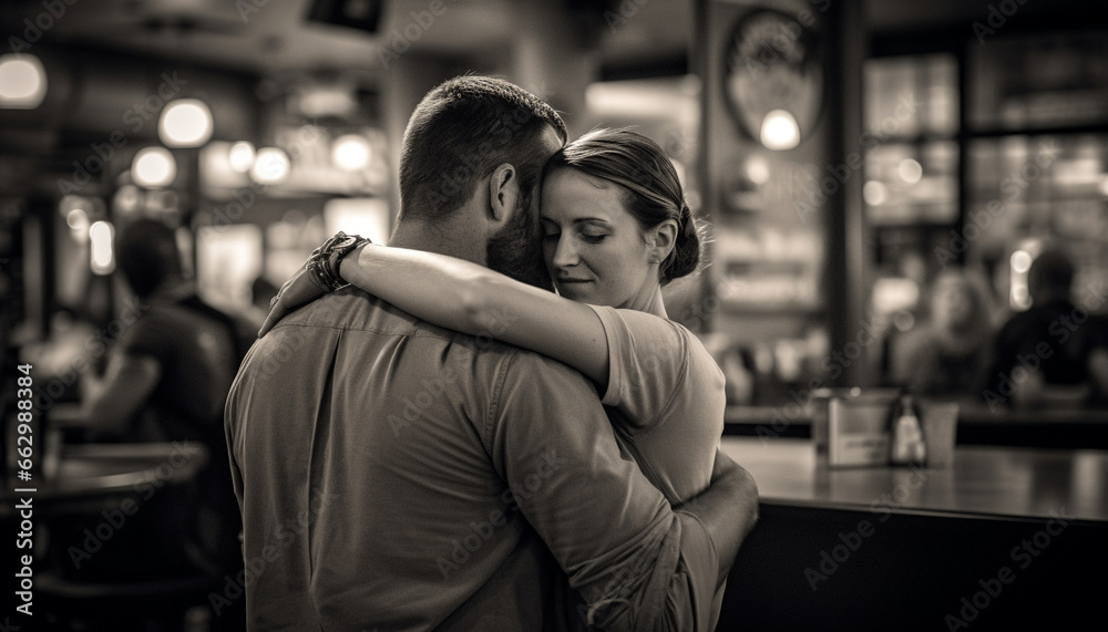 Smiling young couple embracing in black and white city romance generated by AI Smiling young couple embracing in black and white city romance generated by AI