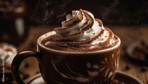 Whipped cream tops the frothy mocha in rustic coffee shop generated by AI