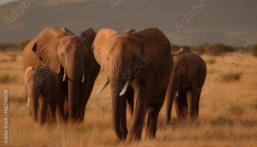 African elephant herd walking in a row at sunset grazing generated by AI