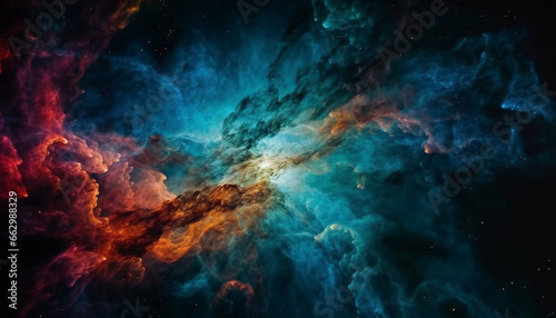 Abstract galaxy nebula, exploding big bang mystery in space backdrop generated by AI © djvstock