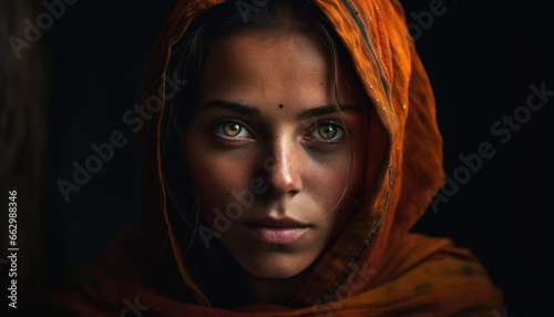 Young adult woman looking at camera with religious veil and beauty generated by AI