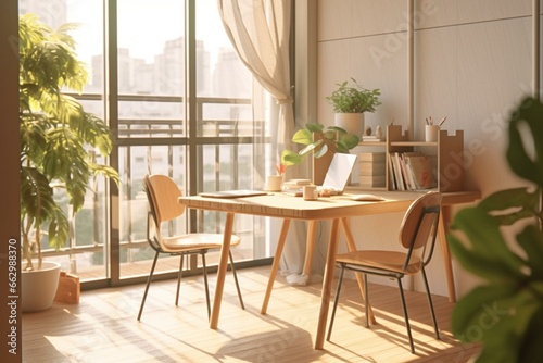 Image of a minimalist work area with table, chairs, books, sunlit windows, closed glass doors, and decorated plants. Generative AI