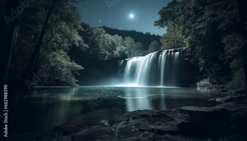Tranquil scene of majestic mountain and flowing water under moonlight generated by AI