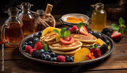 Fresh berry pancakes with honey syrup on rustic wooden table generated by AI
