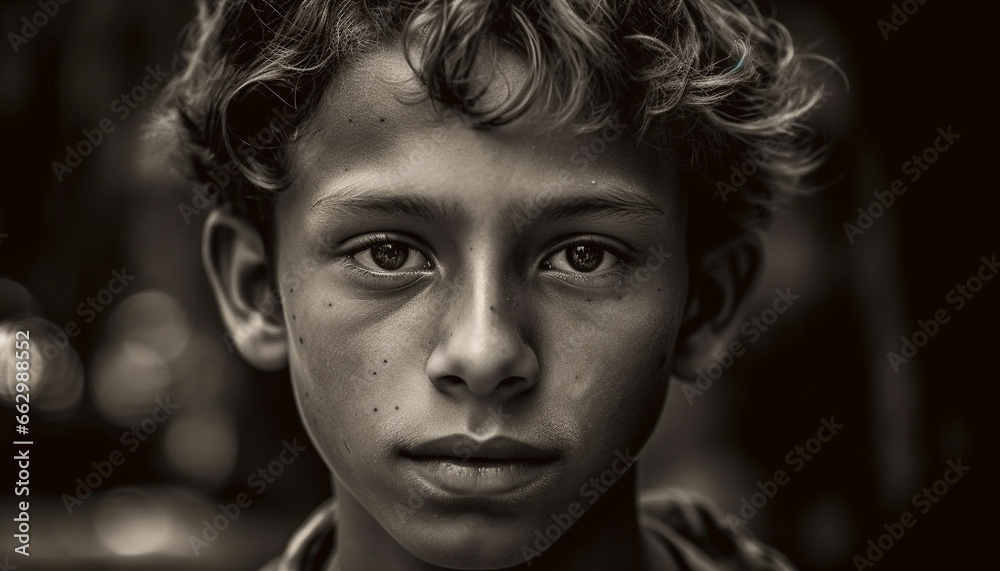 Cute Caucasian boy smiling in monochrome portrait, enjoying nature outdoors generated by AI Cute Caucasian boy smiling in monochrome portrait, enjoying nature outdoors generated by AI