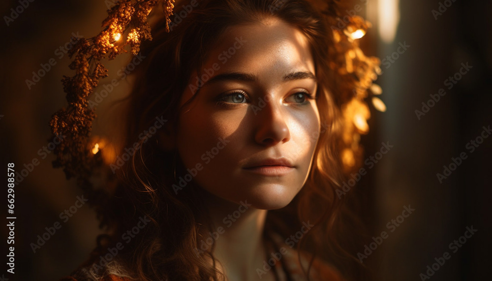 Fototapeta premium One young adult woman, portrait of beauty, looking sensually at camera generated by AI