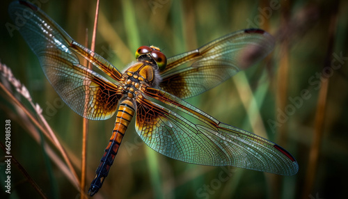Vibrant dragonfly resting on green leaf, beauty in nature fragility generated by AI