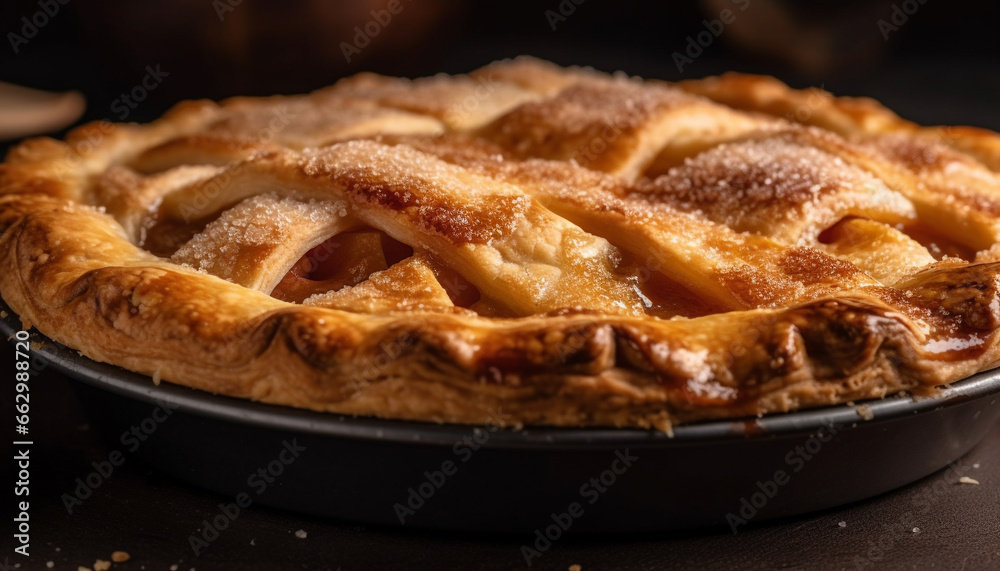 Freshly baked homemade apple pie, a sweet indulgence on rustic table generated by AI Freshly baked homemade apple pie, a sweet indulgence on rustic table generated by AI