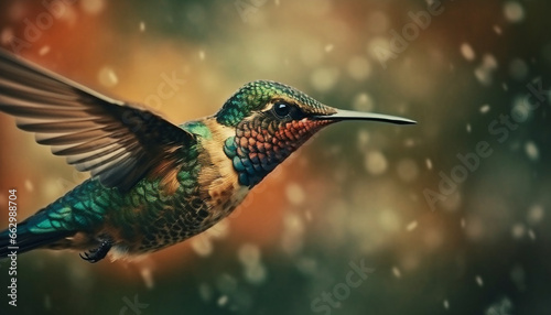 Hummingbird hovering mid air, spreading iridescent multi colored wings for pollination generated by AI © djvstock