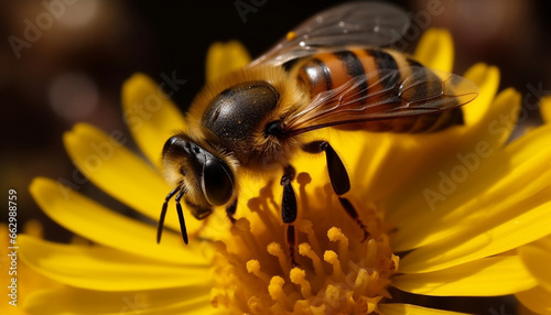 Busy honey bee collecting pollen from yellow flower head generated by AI