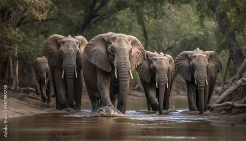 Large African elephant herd in motion through tropical wilderness area generated by AI