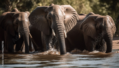 Large African elephant herd splashing in wet wilderness area generated by AI
