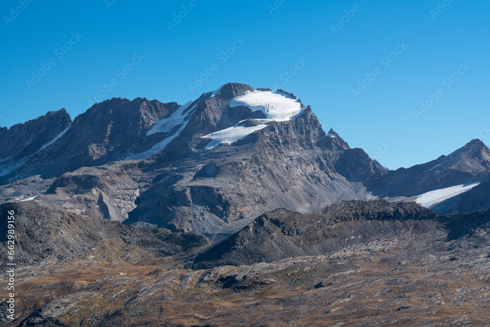 Gran Paradiso mountain and glacier on top, Valsavarenche valley. Landscape view from Nivolet Pass, Gran Paradiso National Park, Italian Alps