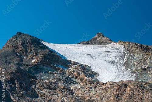 Basei rocky mountain summit and glacier, Gran Paradiso National Park. view from Nivolet trail