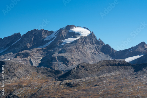 Gran Paradiso mountain and glacier on top, Valsavarenche valley. Landscape view from Nivolet Pass, Gran Paradiso National Park, Italian Alps