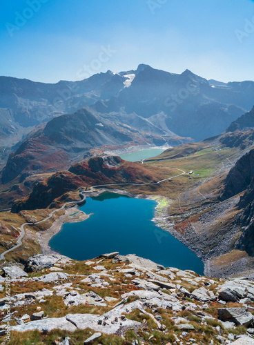Nivolet Pass panoramic view, Gran Paradiso National Park, Italian Alps. Agnel and Serrù lakes in the mountains in autumn