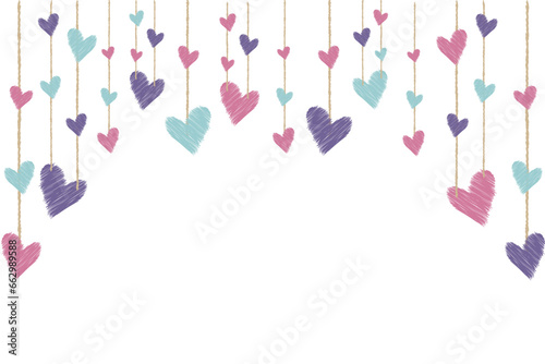 Heart Bunting Valentine Love Garland Isolated Elements. Cute Heart watercolour brush strokes bunting elements on string frame border with copy space. Design ink texture hand drawn.