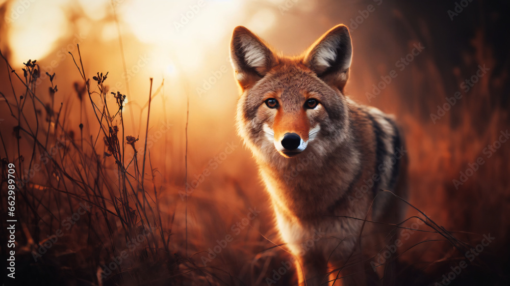 Coyote salvaje en la naturaleza mirando a cámara - obrazy, fototapety, plakaty 