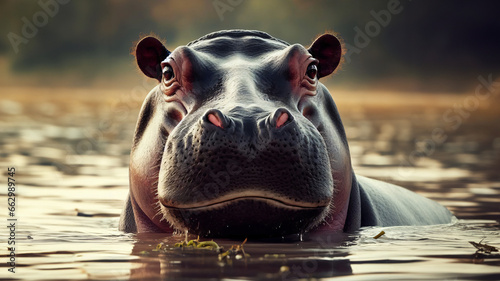 Hipopótamo salvaje en la naturaleza mirando a la cámara photo