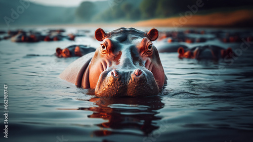 Hipopótamo sumergido en el agua mirando a la cámara photo