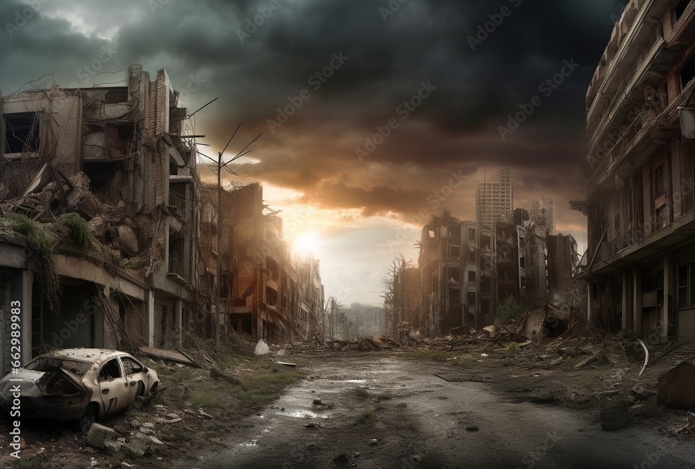 Post-apocalyptic abandoned city in ruins