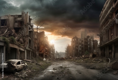 Post-apocalyptic abandoned city in ruins photo
