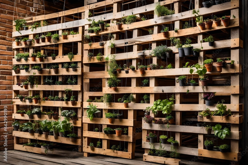 Recycled pallets with hanging plants creating a vertical