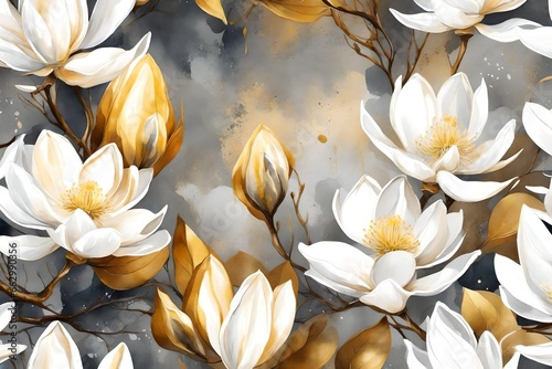 Golden white and gray flowers for wall canvas d  cor. 