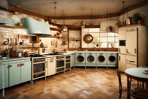 Vintage kitchen from the 1970 era with retro appliances and round