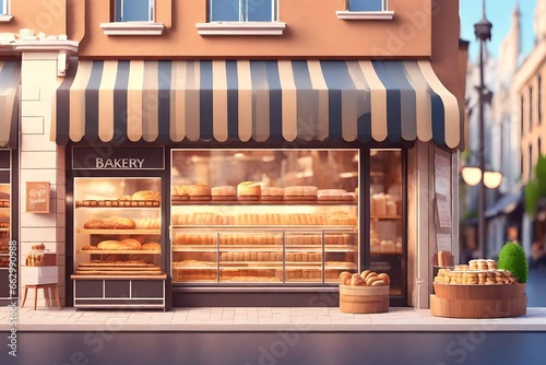 3D Bakery shop building façade with Baking store, café, bread, pastry and dessert shop front view Market