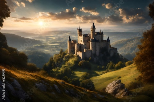 a picturesque medieval castle on a hill overlooking a tranquil valley.