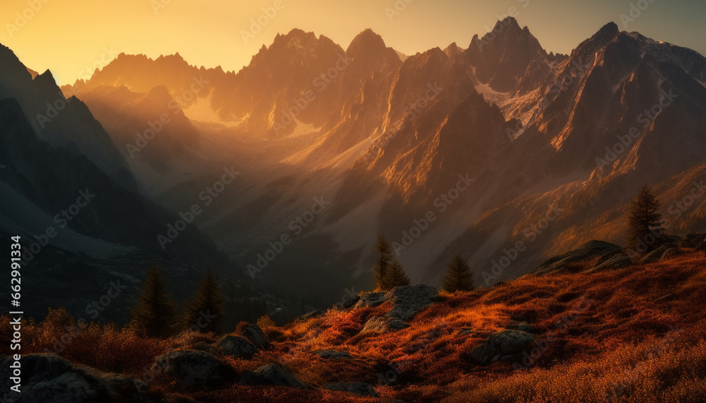 Majestic mountain range, panoramic landscape, tranquil scene, backlit sunset generated by AI