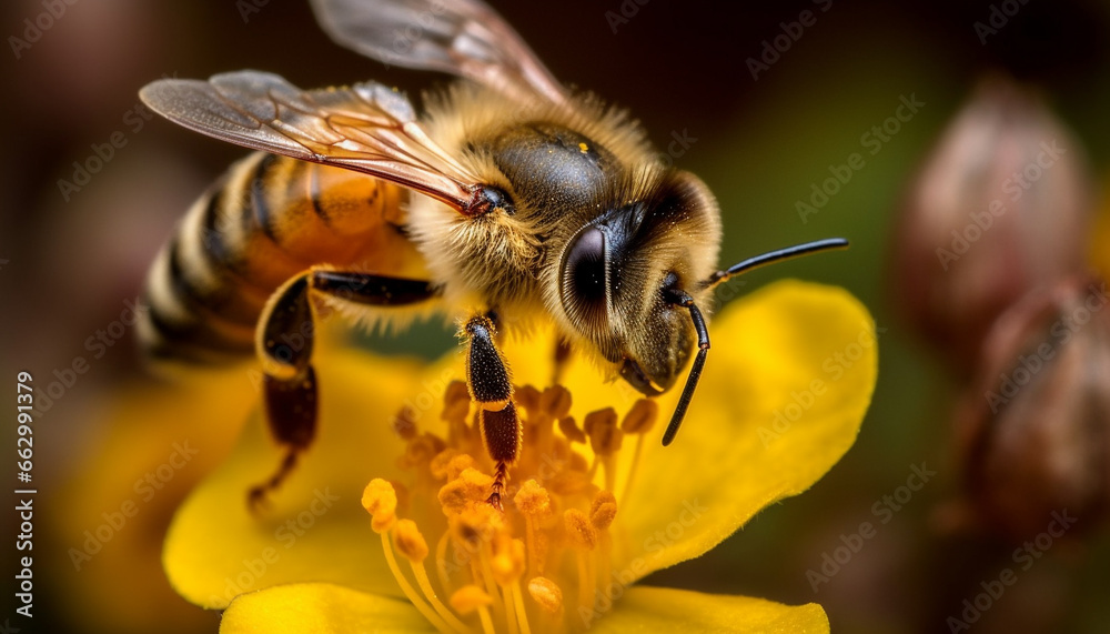 Busy bee collecting pollen from a yellow flower in nature generated by AI Busy bee collecting pollen from a yellow flower in nature generated by AI