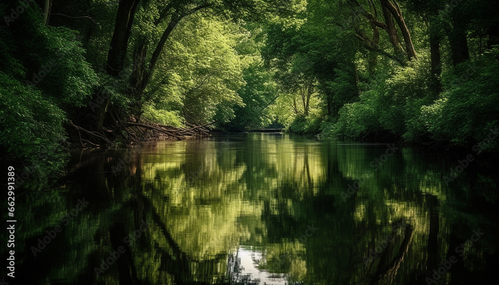 Tranquil scene of a forest pond reflecting the autumn foliage generated by AI Tranquil scene of a forest pond reflecting the autumn foliage generated by AI